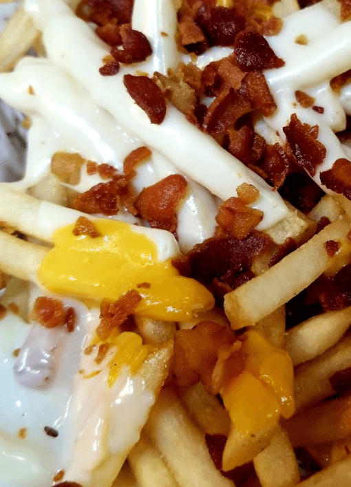 Three cheese bacon fries with cheddar, American, and mozzarella