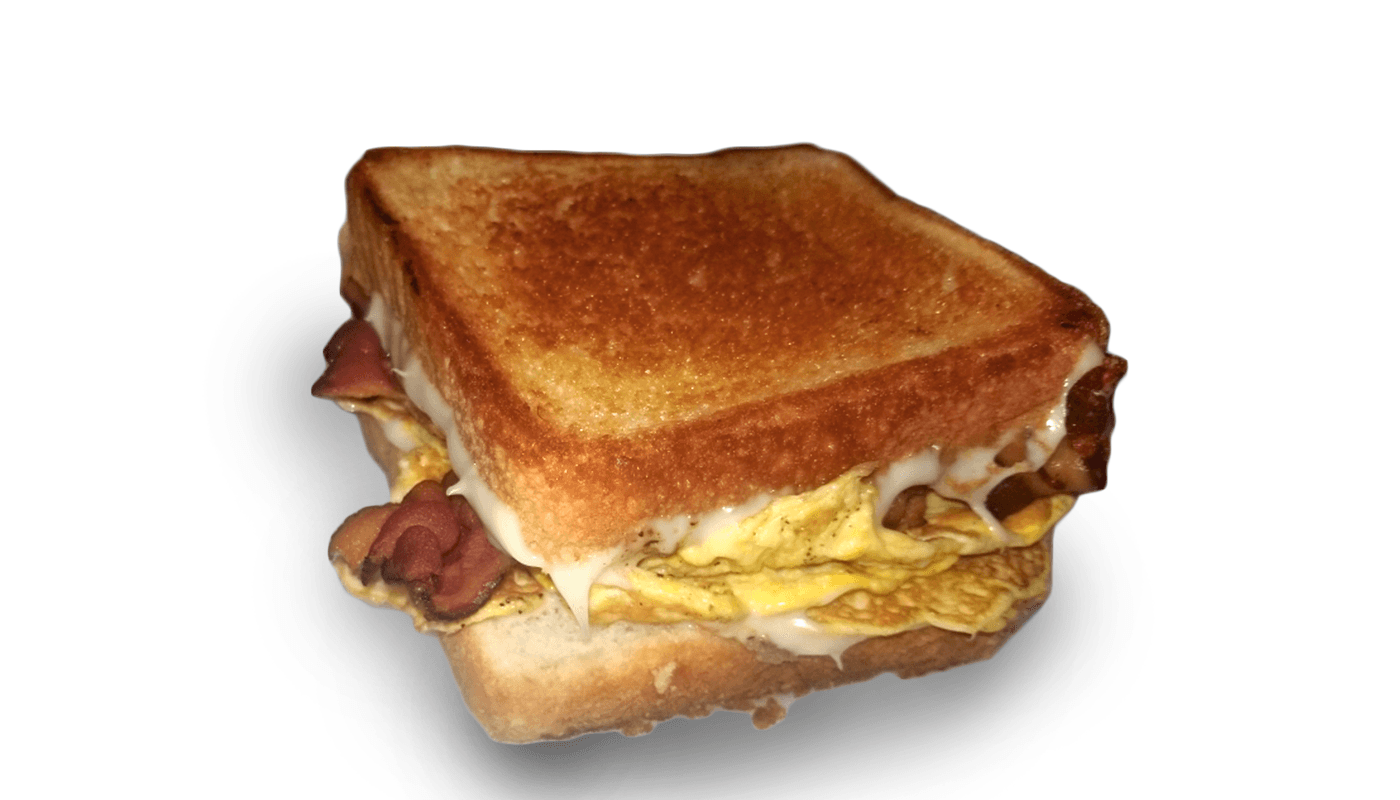 Breakfast grilled cheese with egg, cheese, and breakfast meats