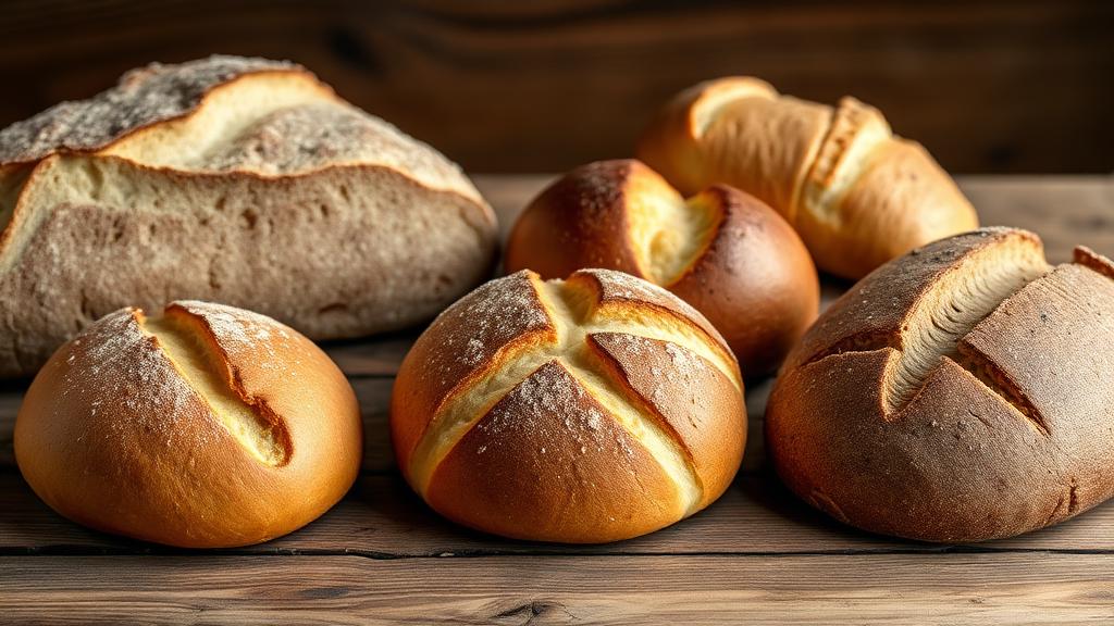 Variety of artisan breads on a rustic table