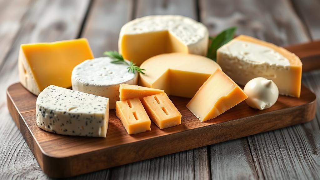 Variety of artisan cheeses on a rustic wooden board
