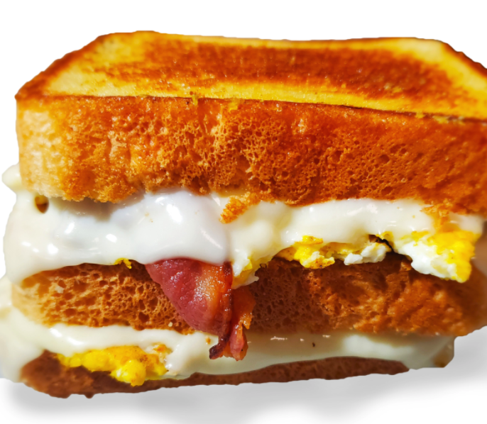 Gourmet triple decker grilled cheese sandwich with melted cheese, egg, and bacon - perfect for NJ catered events